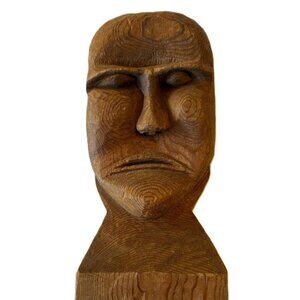 Vintage 1960s 9-inch Hand Carved Wooden Tramp Art Folk Art Tiki Man's Head Bust